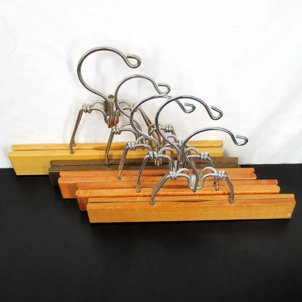 Vintage Lot Of 5 Wooden Clamp Clothes Hangers Pants Skirts 10